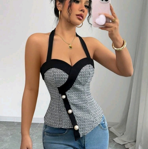 Sleeveless Women's Retro French Chic Versatile Asymmetric Cropped Top - Picture 1 of 4